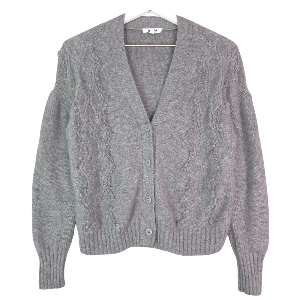 Splendid Cashmere V-Neck Cardigan Women's Small Gray Cable Knit Fringe